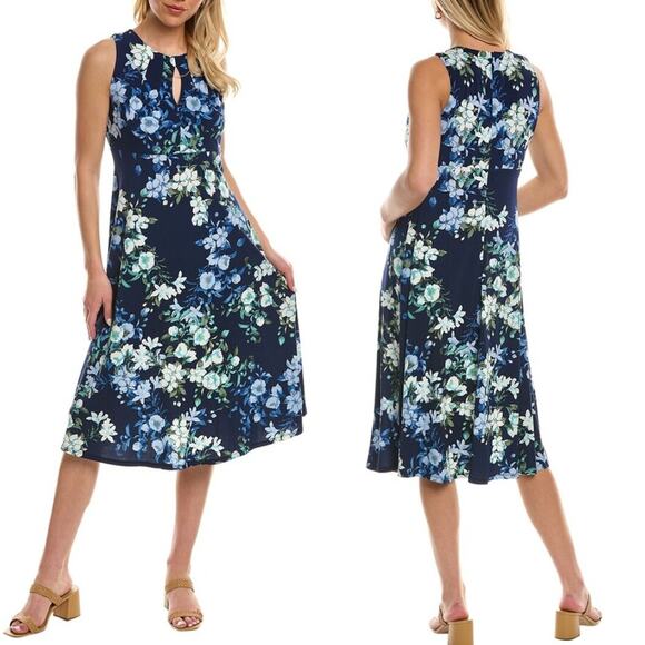 London Times Blue Floral Keyhole Pleated Midi Dress Sleeveless Womens Size 10P - Picture 1 of 8